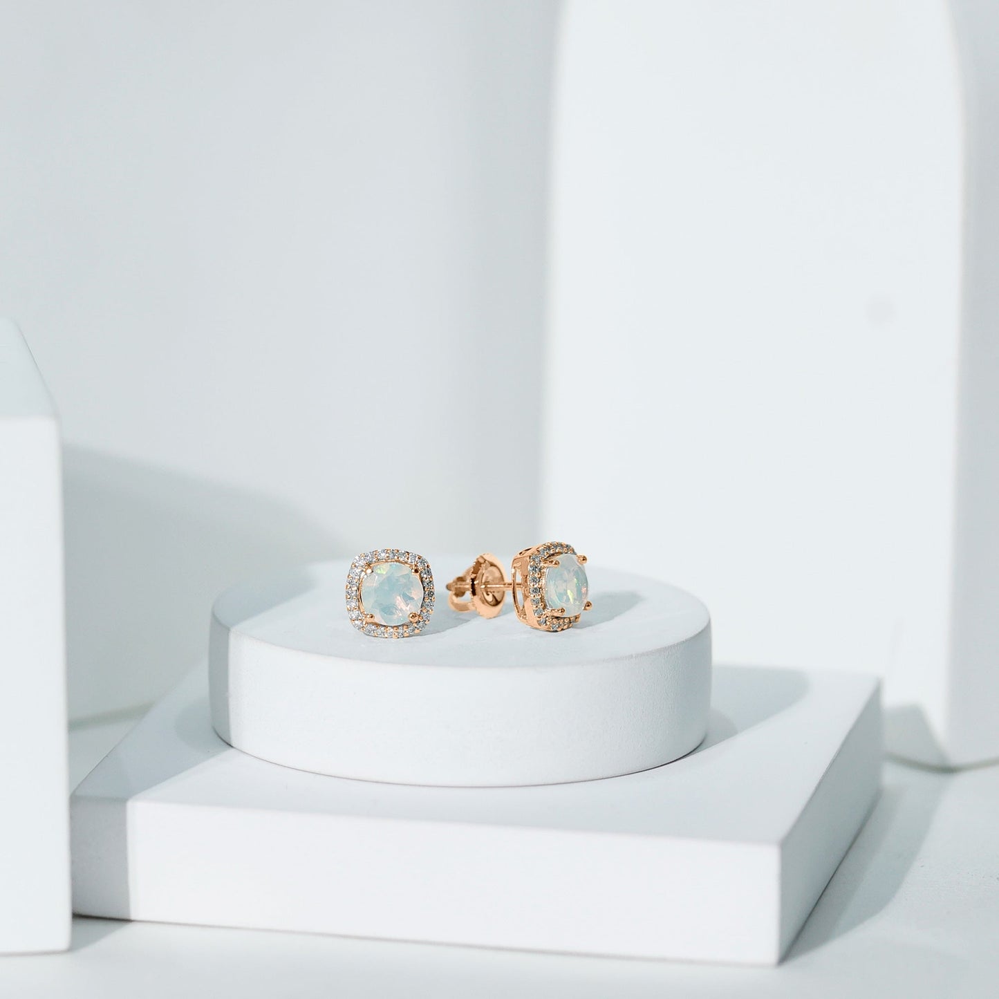 Real 1.6 Carat Ethiopian Opal and Diamond Halo Stud Earrings