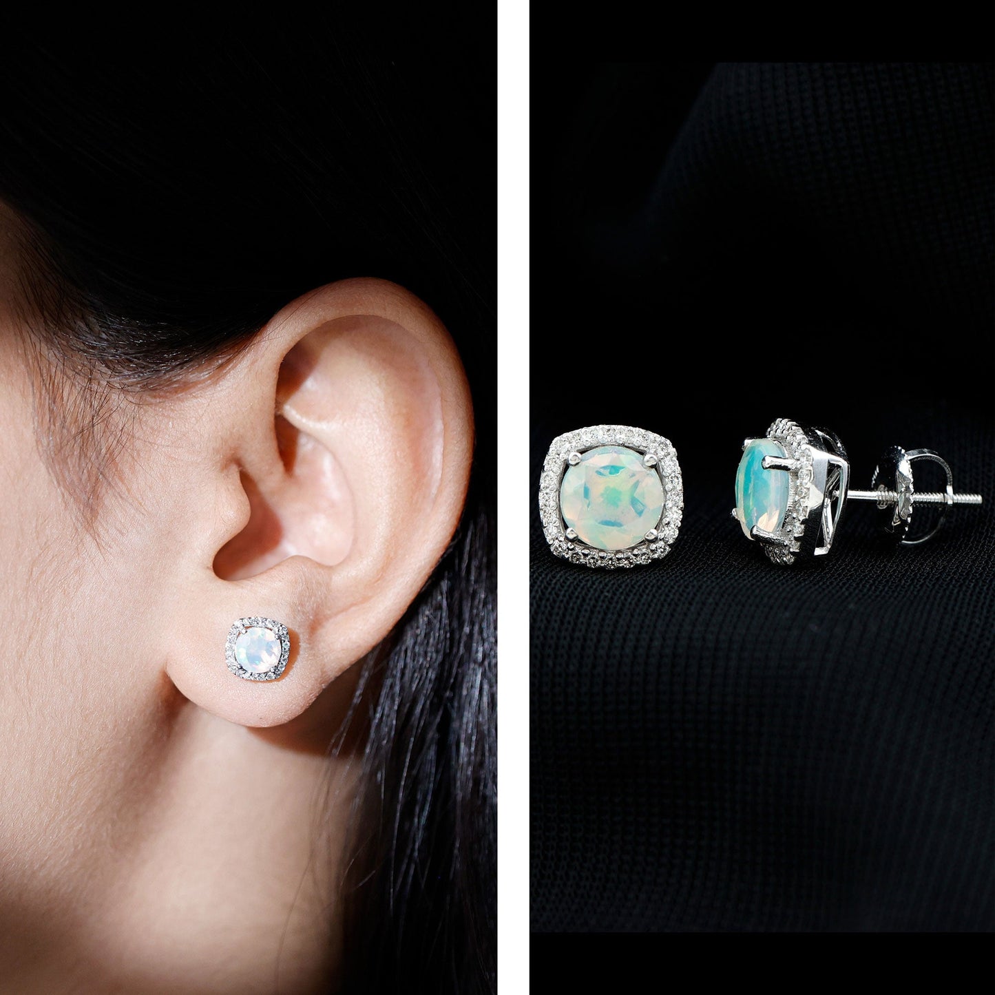 Real 1.6 Carat Ethiopian Opal and Diamond Halo Stud Earrings