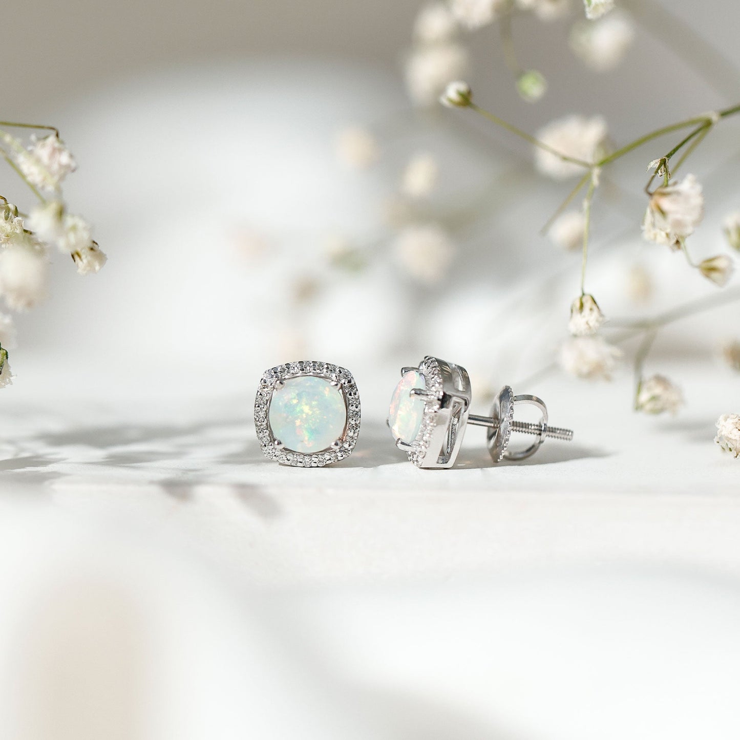 Real 1.6 Carat Ethiopian Opal and Diamond Halo Stud Earrings