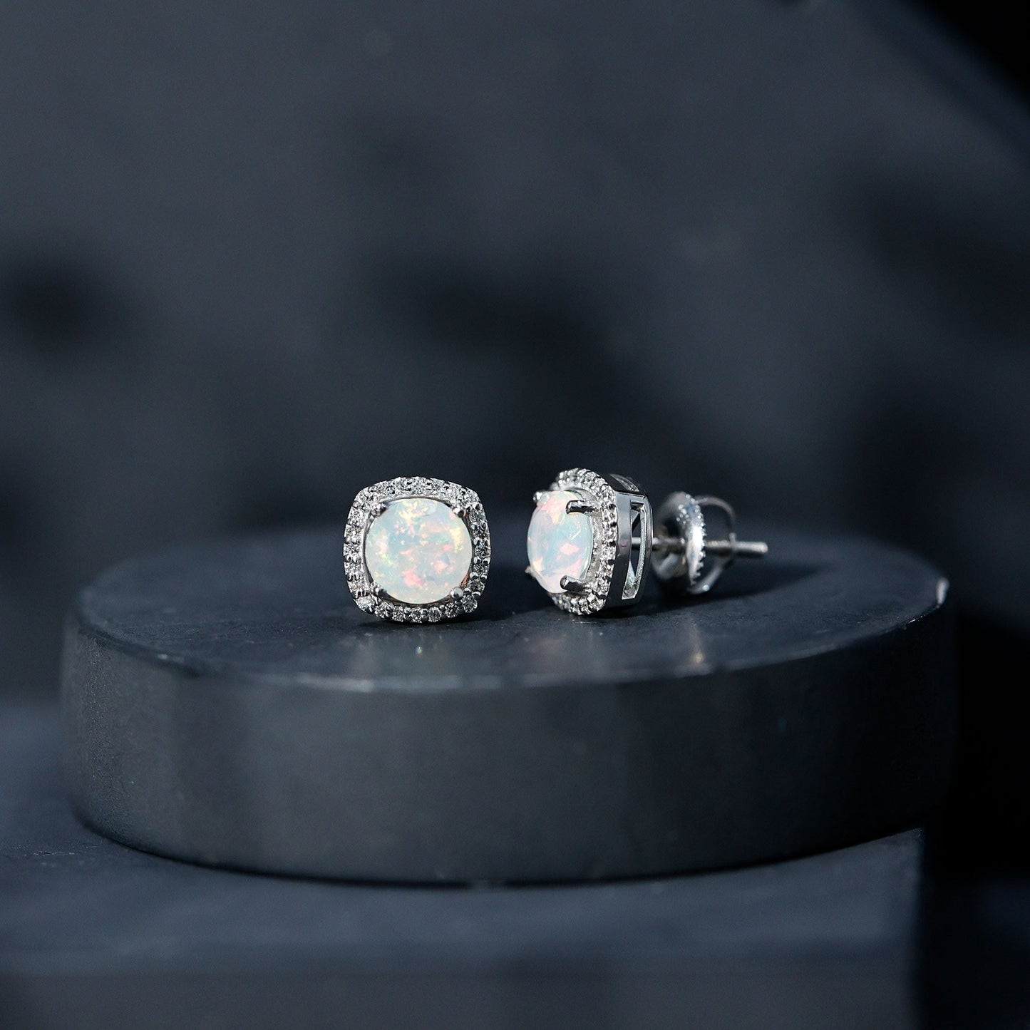 Real 1.6 Carat Ethiopian Opal and Diamond Halo Stud Earrings