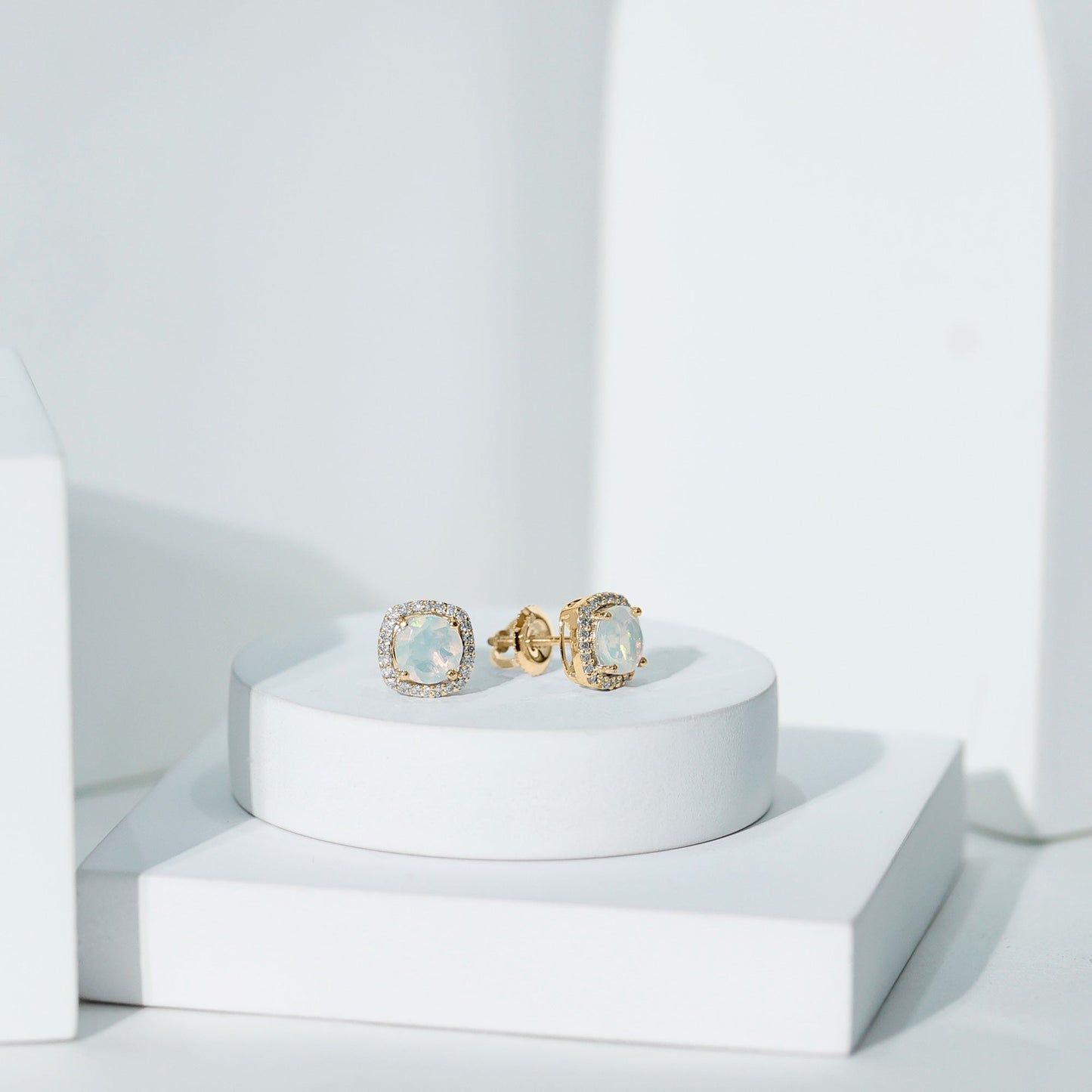 Real 1.6 Carat Ethiopian Opal and Diamond Halo Stud Earrings