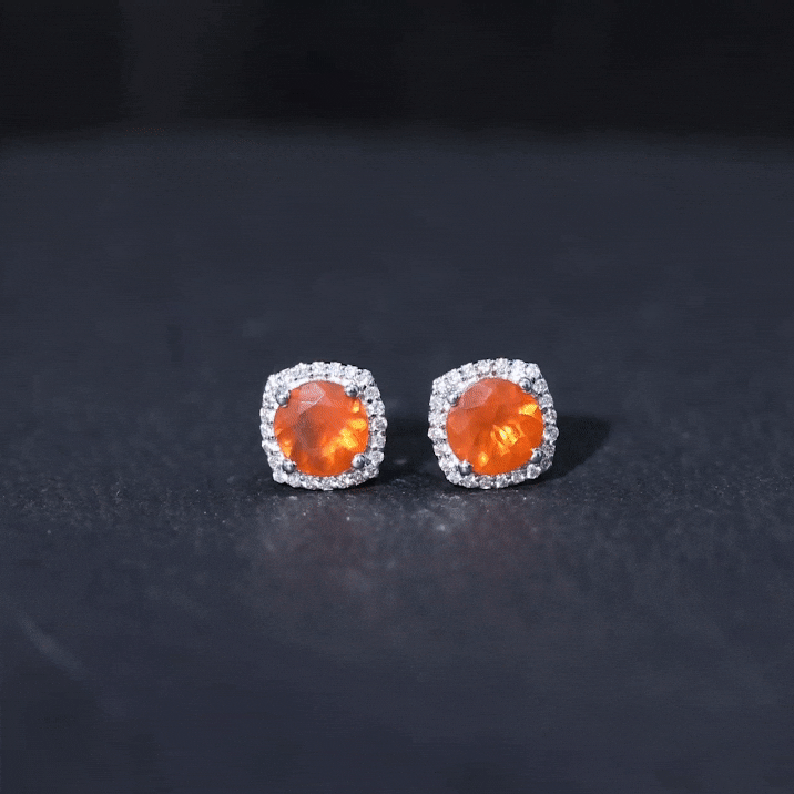 1.5 CT Round Fire Opal and Diamond Halo Stud Earrings