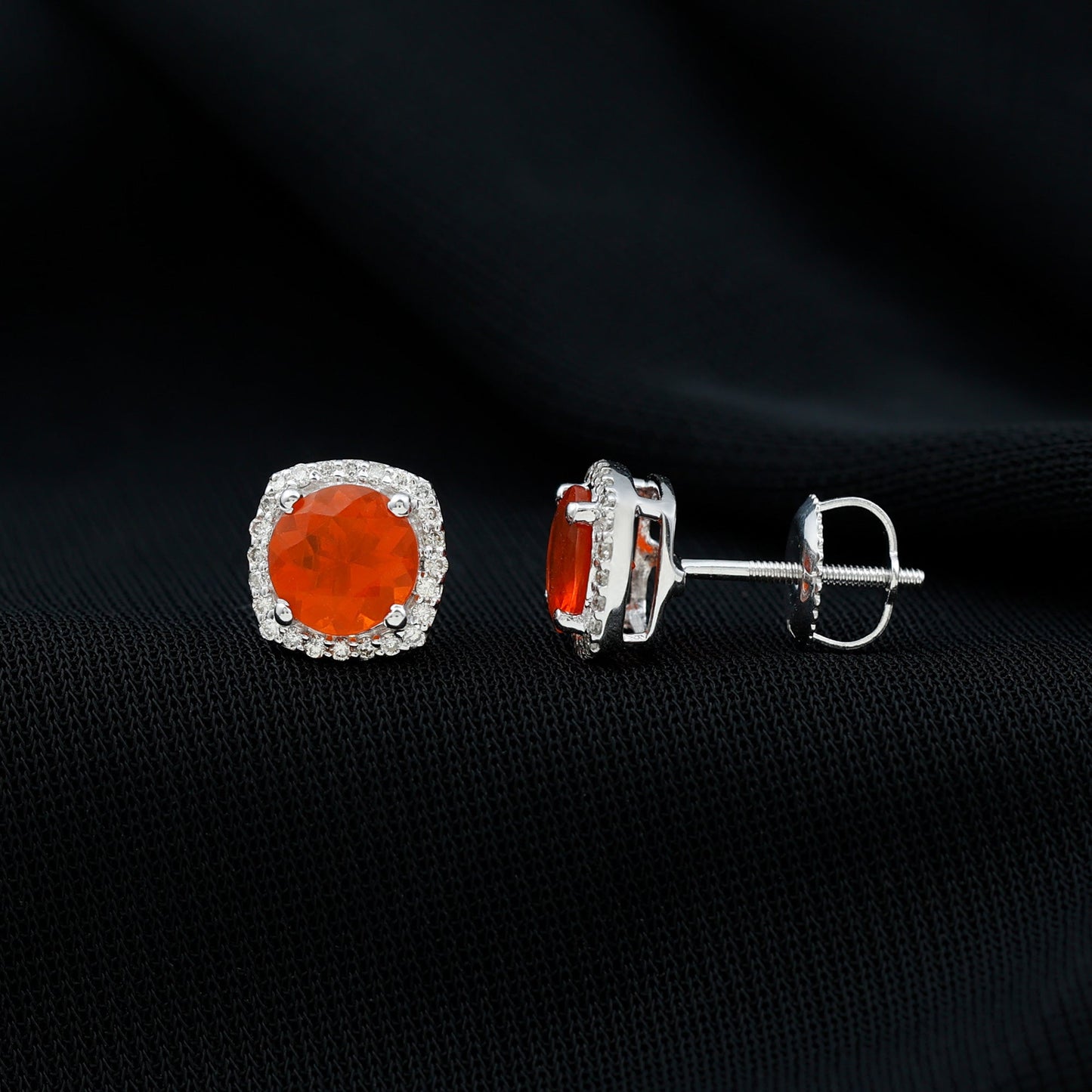 1.5 CT Round Fire Opal and Diamond Halo Stud Earrings