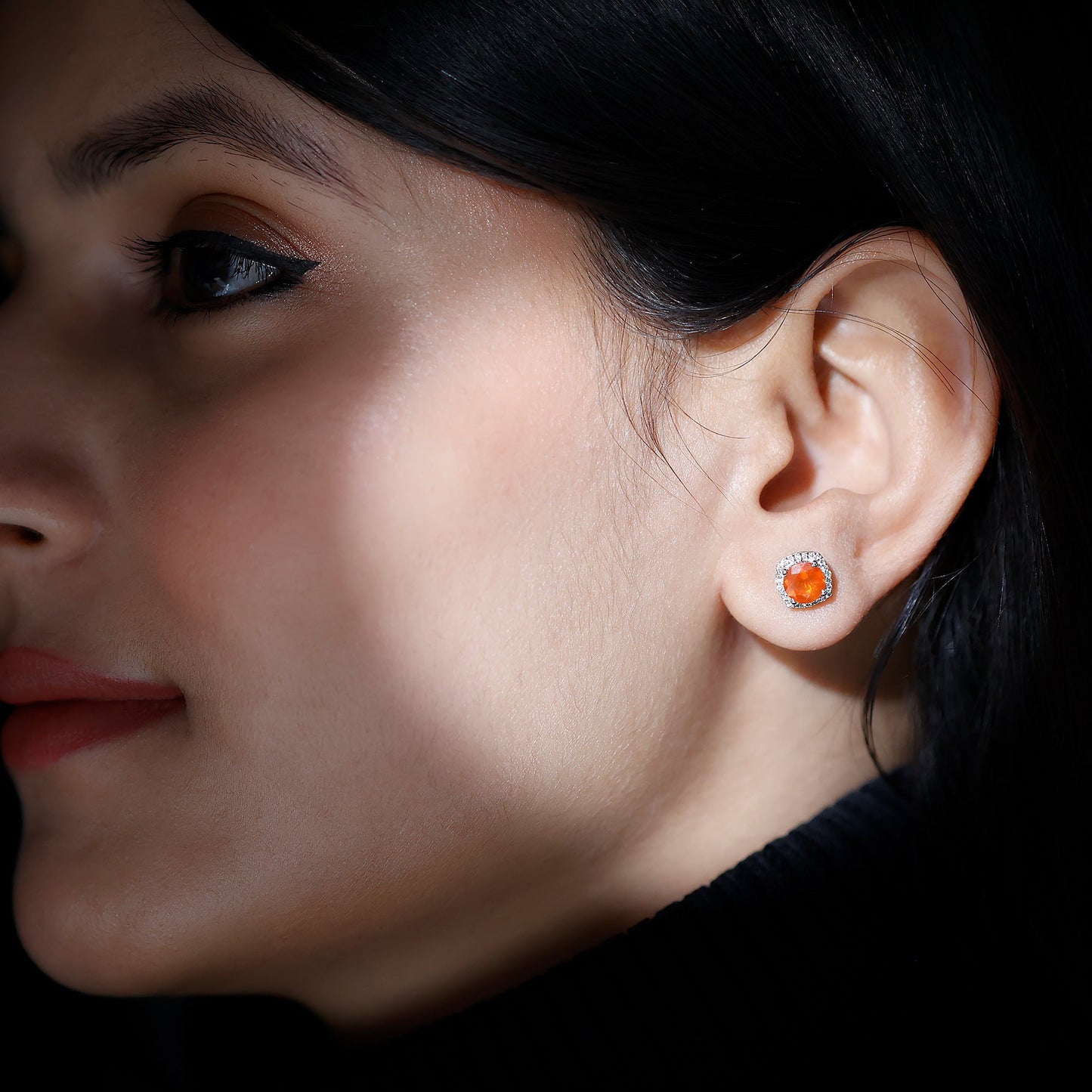 1.5 CT Round Fire Opal and Diamond Halo Stud Earrings