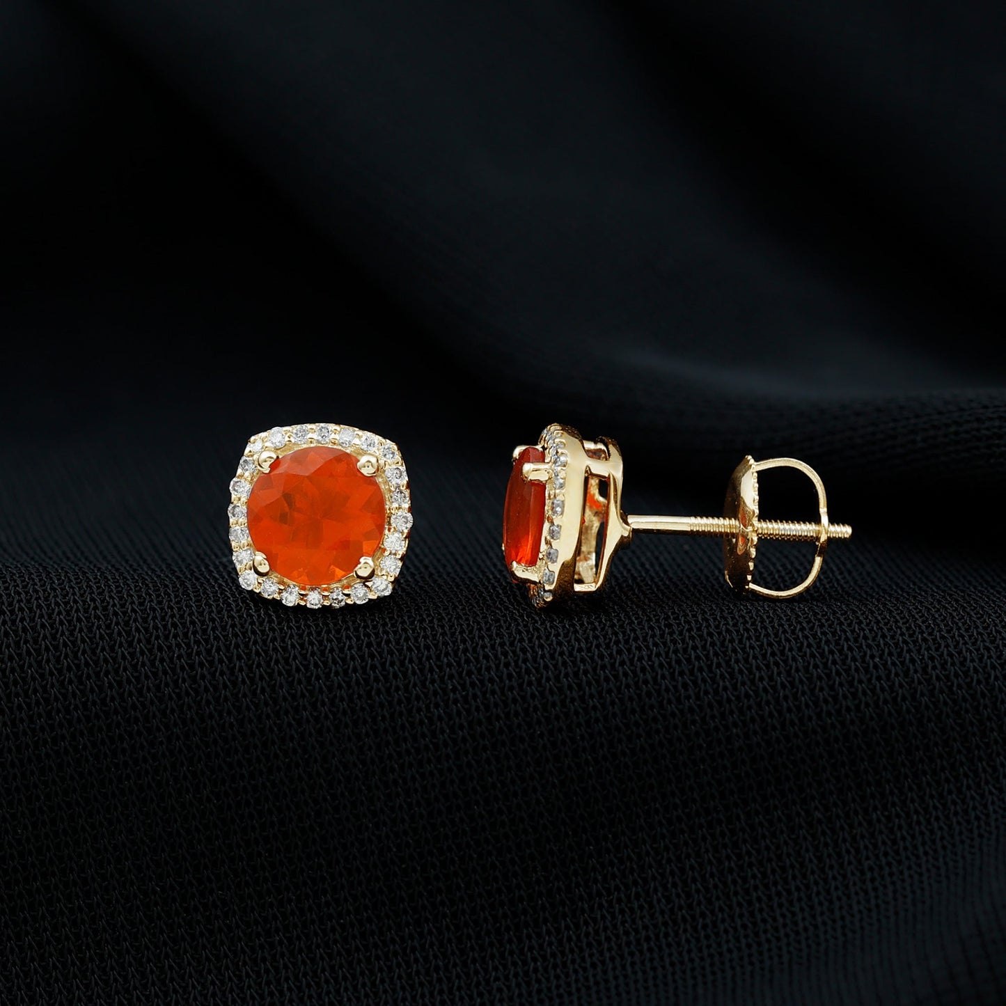 1.5 CT Round Fire Opal and Diamond Halo Stud Earrings