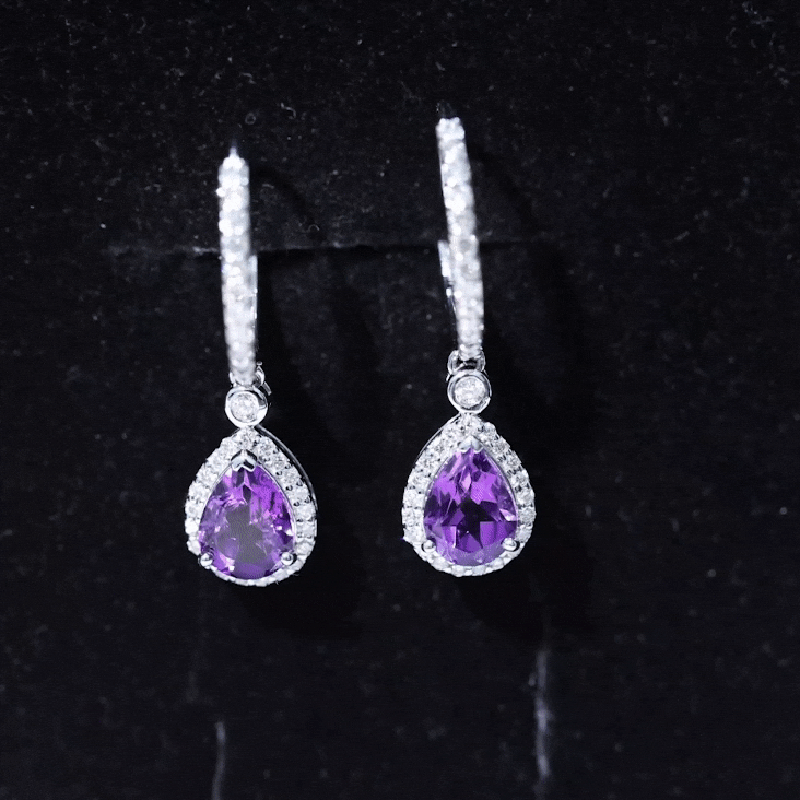2 Carat Pear Cut Amethyst Hoop Drop Earrings with Diamond Halo