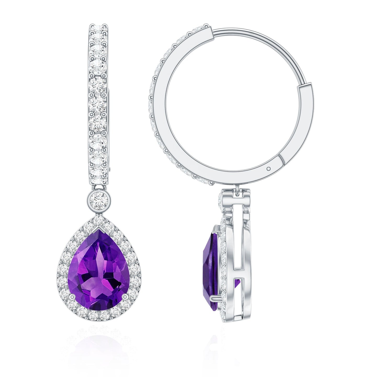 2 Carat Pear Cut Amethyst Hoop Drop Earrings with Diamond Halo