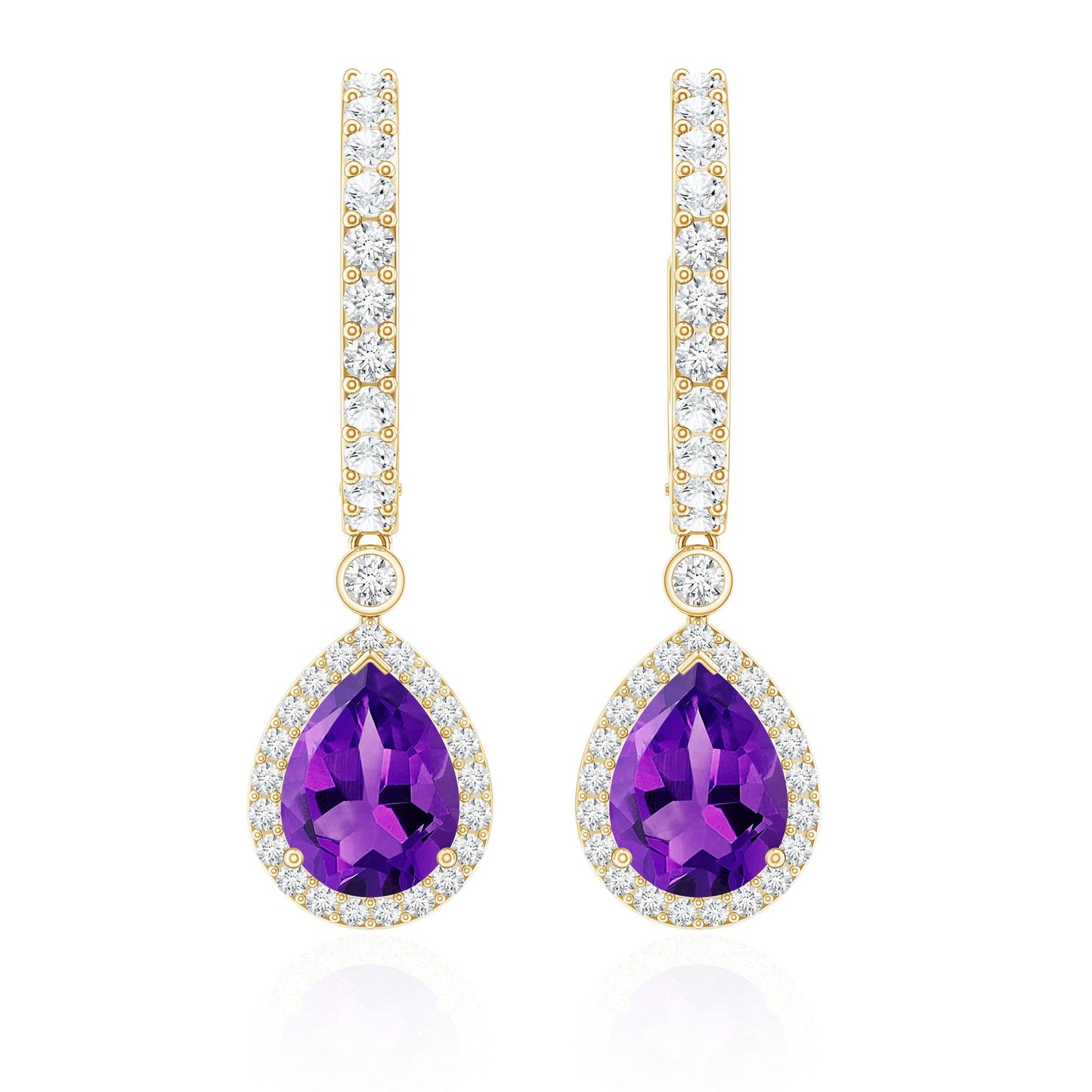 2 Carat Pear Cut Amethyst Hoop Drop Earrings with Diamond Halo