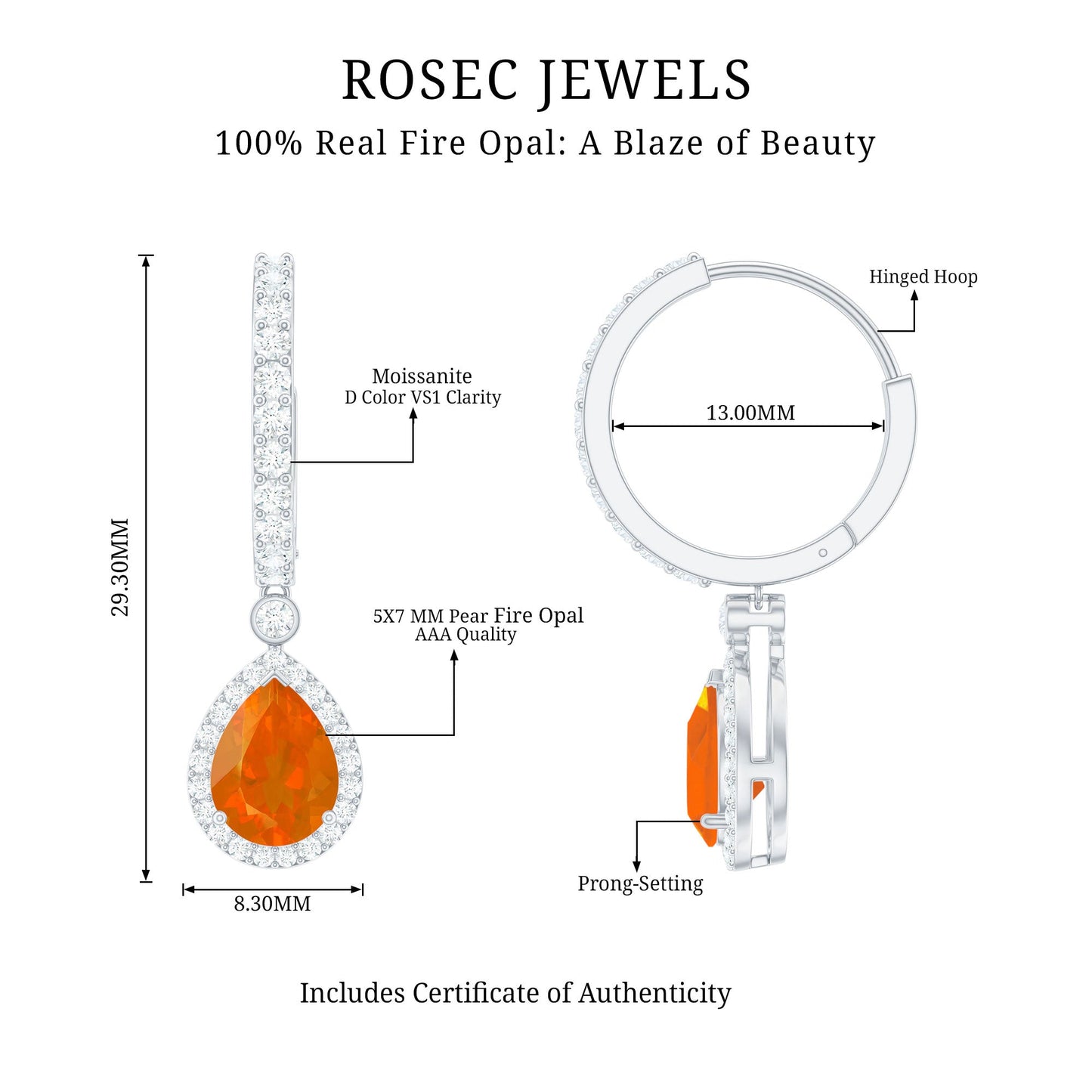 Natural Fire Opal Teardrop Hoop Earrings with Moissanite