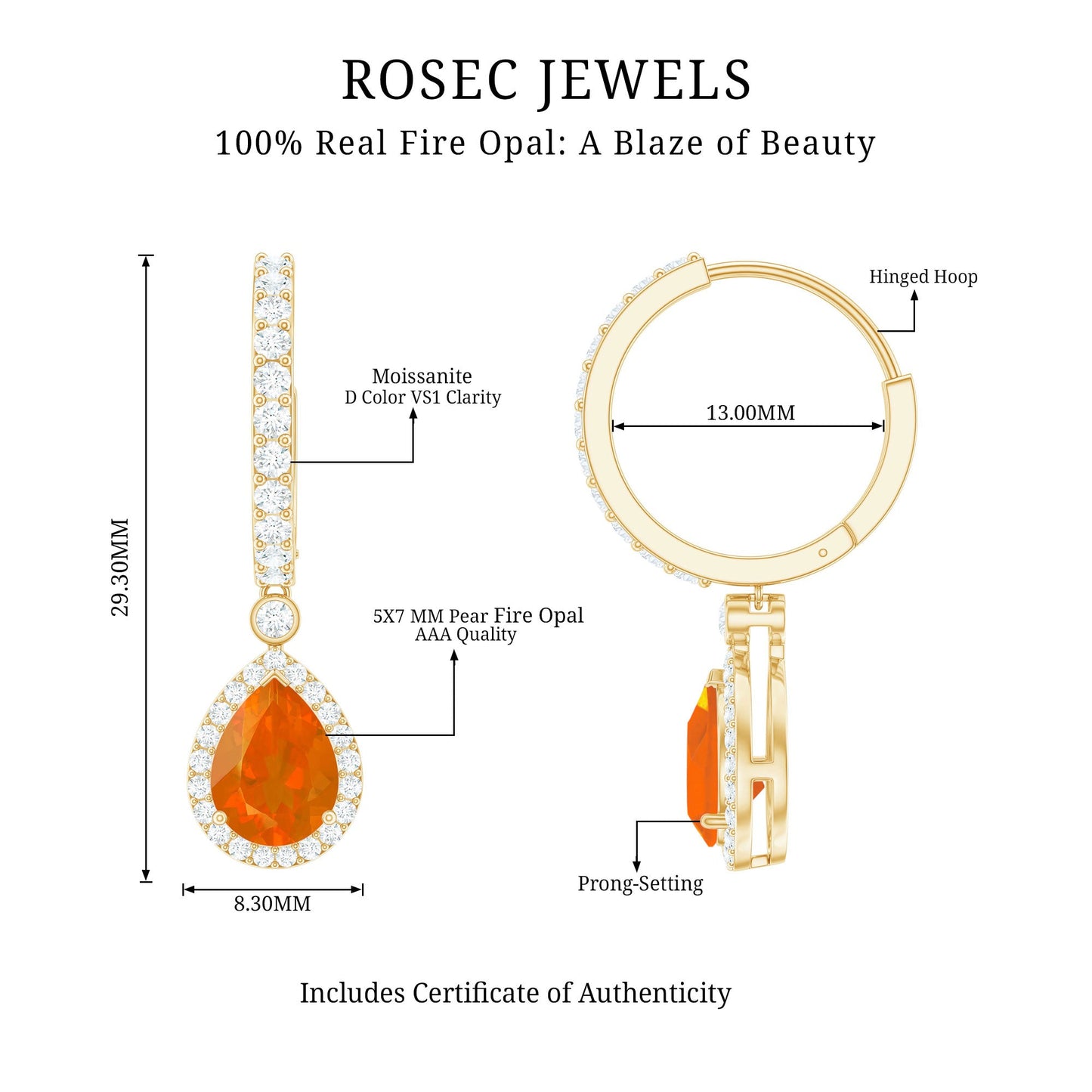 Natural Fire Opal Teardrop Hoop Earrings with Moissanite