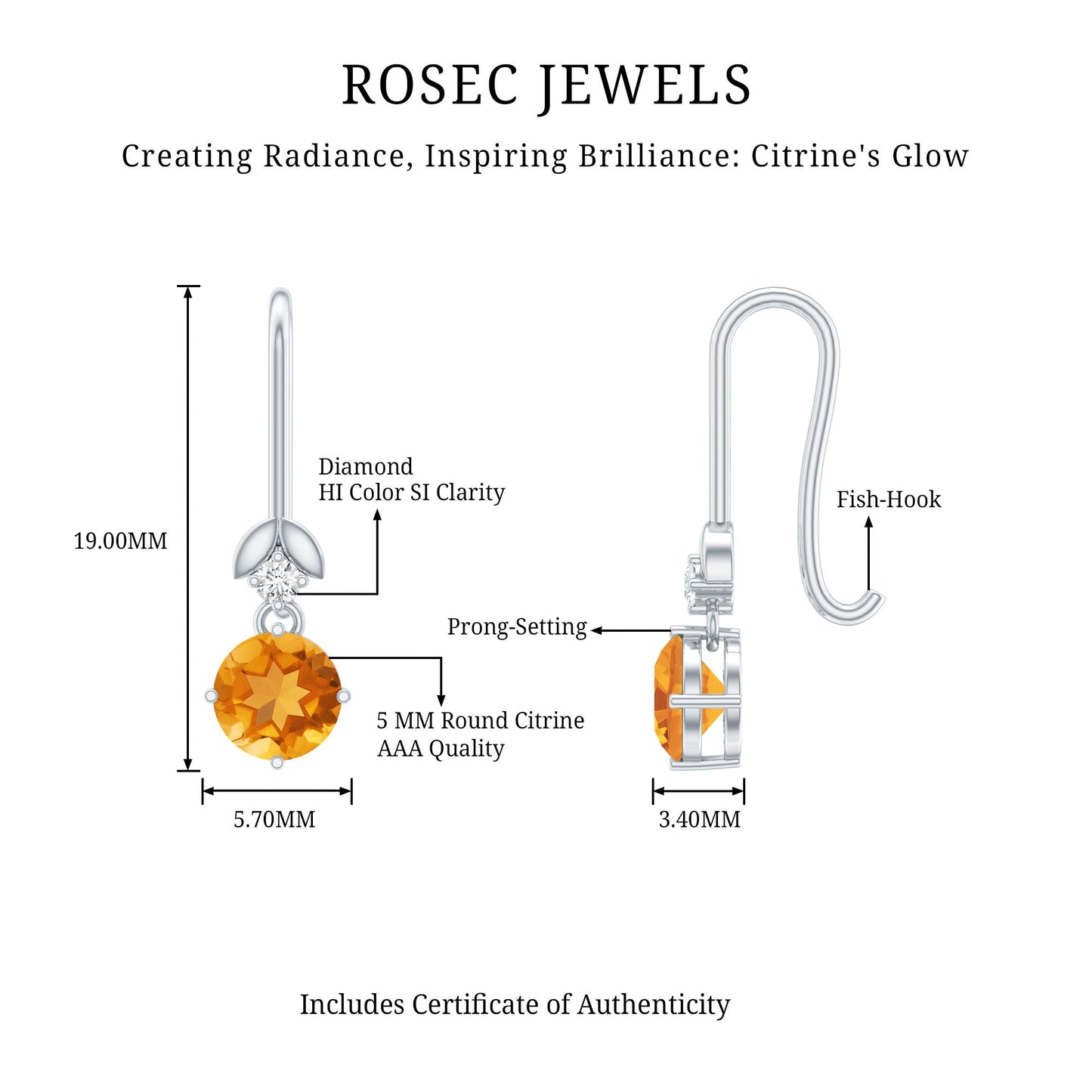 Certified Natural Citrine Diamond Drop Earrings with Fish Hook