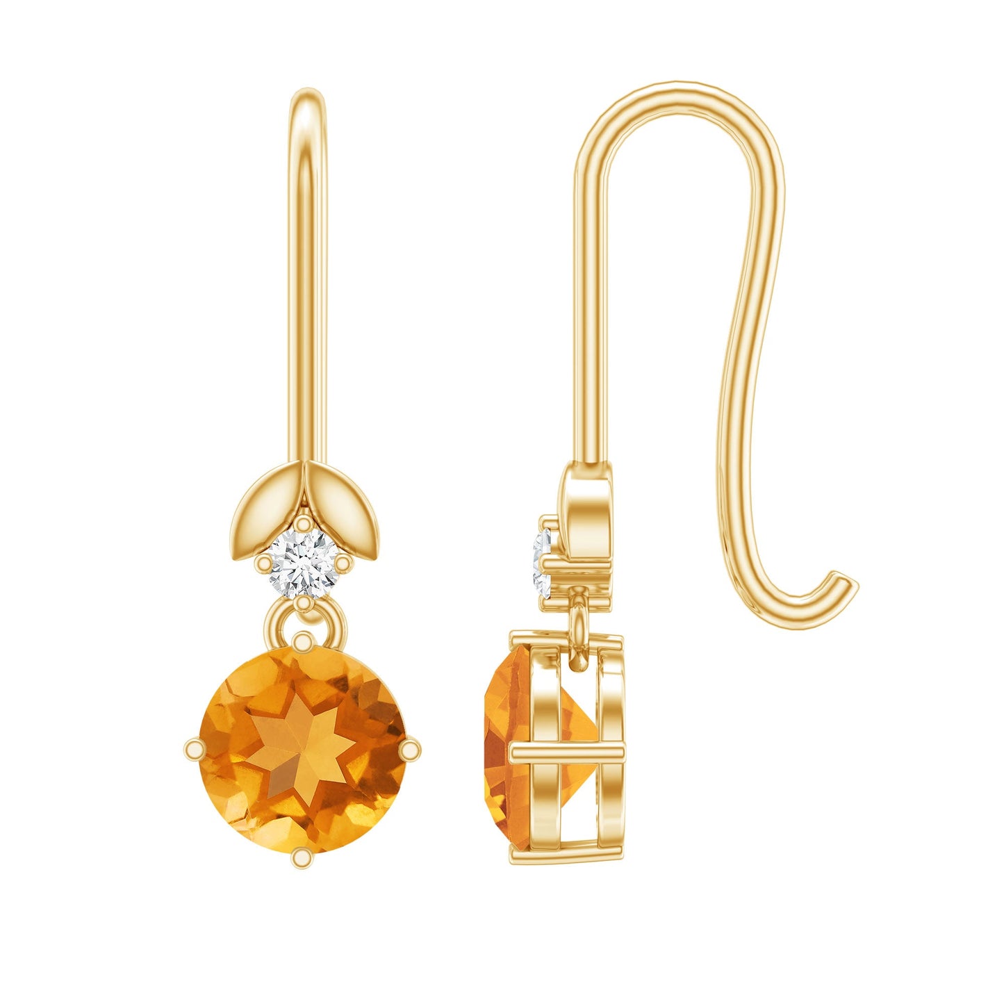 Certified Natural Citrine Diamond Drop Earrings with Fish Hook