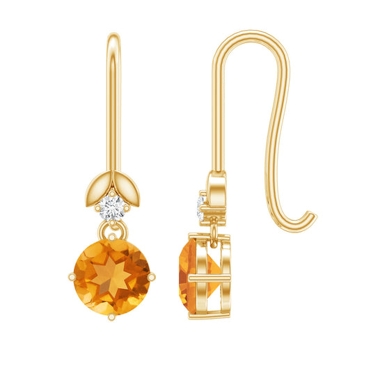 Certified Natural Citrine Diamond Drop Earrings with Fish Hook