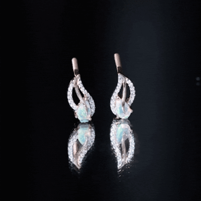 Pear Shape Ethiopian Opal Leaf Stud Earrings with Moissanite