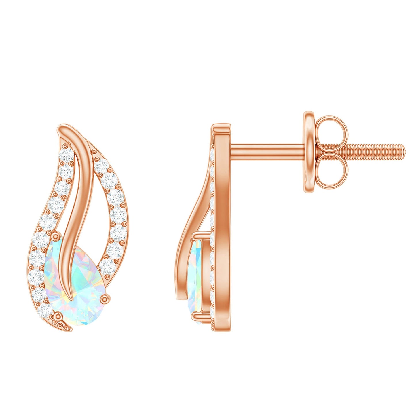 Pear Shape Ethiopian Opal Leaf Stud Earrings with Moissanite