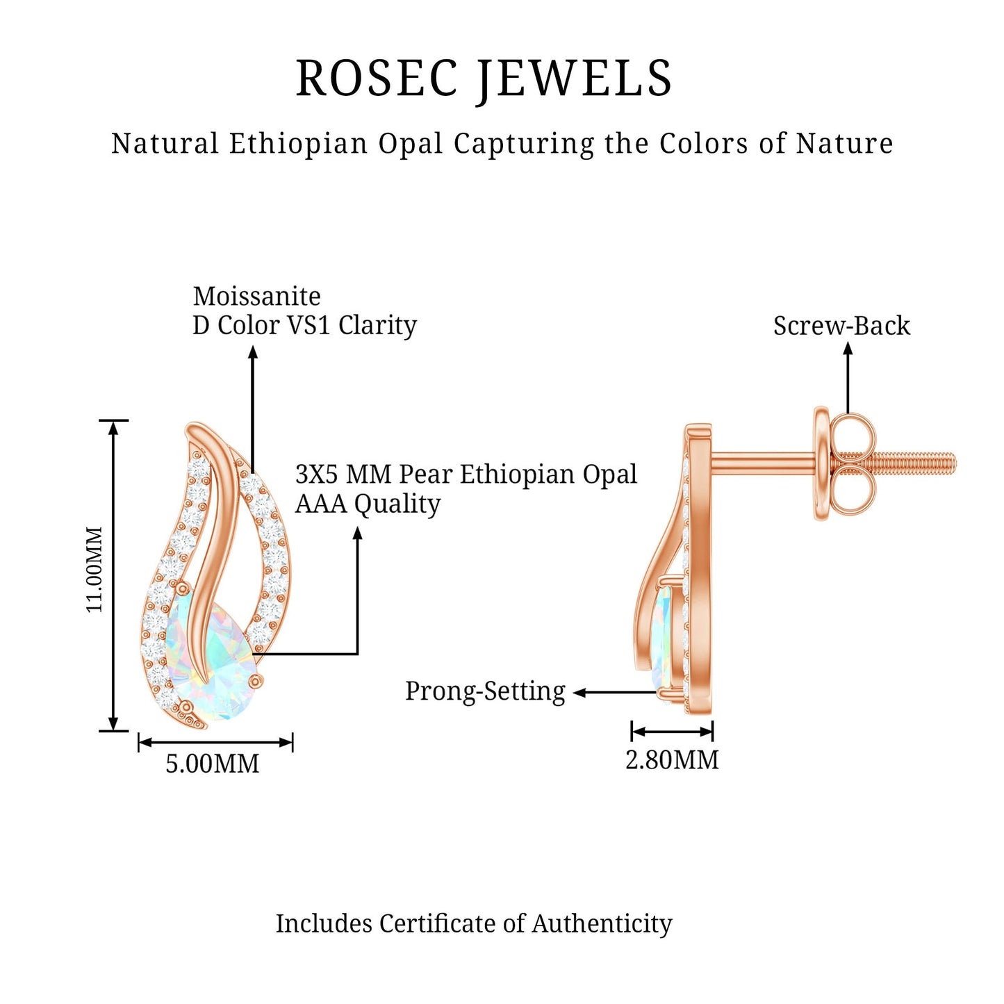 Pear Shape Ethiopian Opal Leaf Stud Earrings with Moissanite