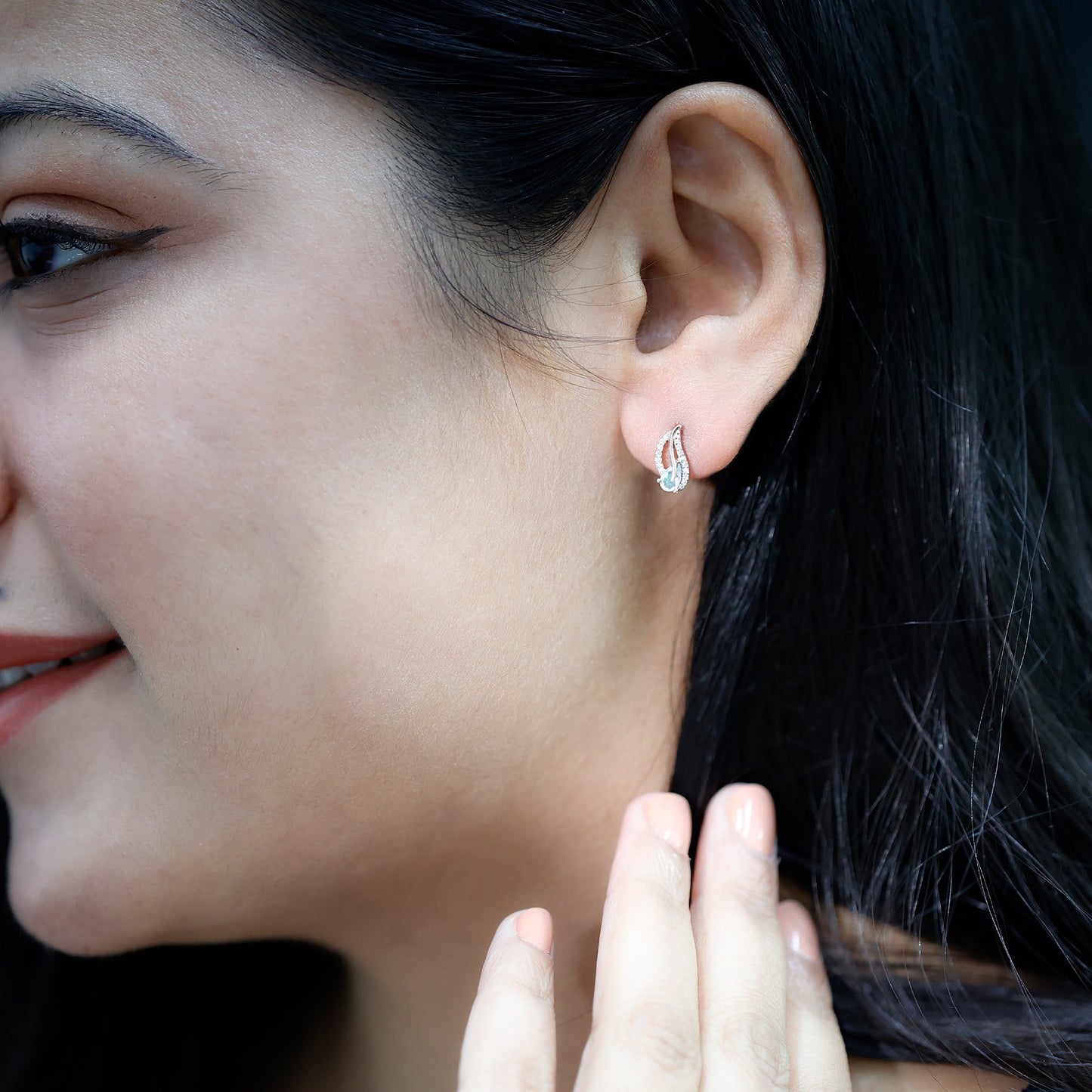 Pear Shape Ethiopian Opal Leaf Stud Earrings with Moissanite