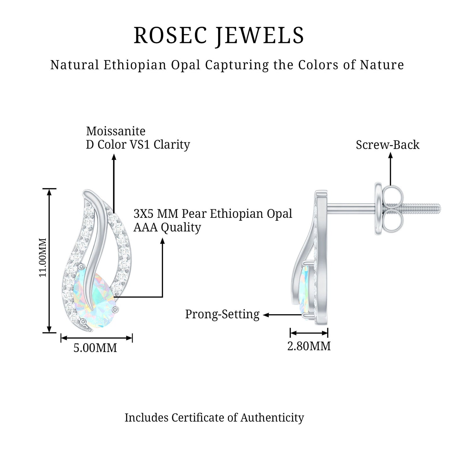 Pear Shape Ethiopian Opal Leaf Stud Earrings with Moissanite