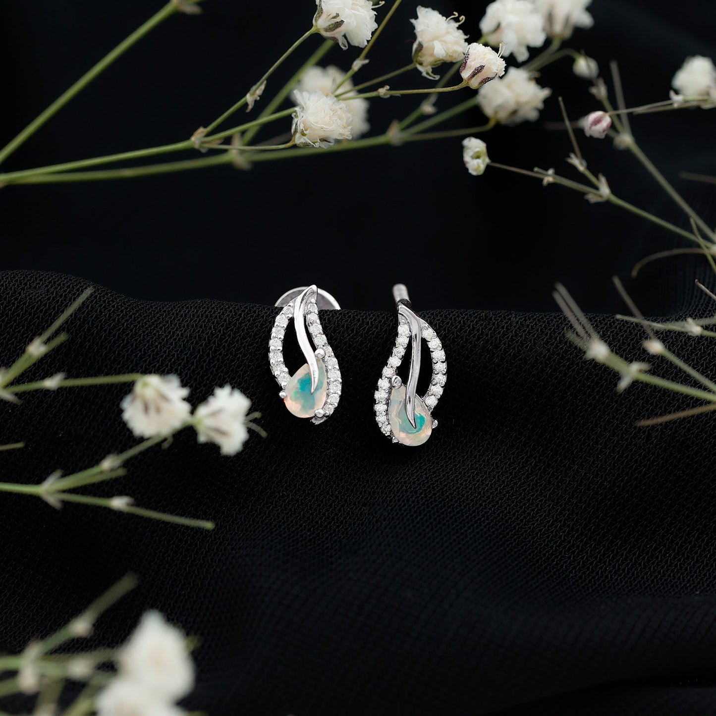 Pear Shape Ethiopian Opal Leaf Stud Earrings with Moissanite