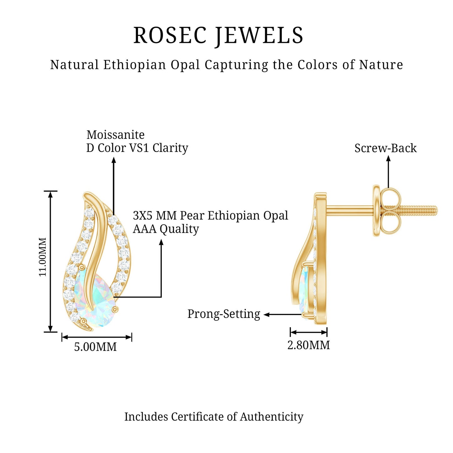 Pear Shape Ethiopian Opal Leaf Stud Earrings with Moissanite