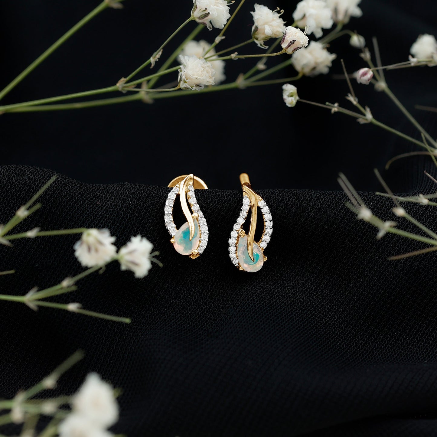 Pear Shape Ethiopian Opal Leaf Stud Earrings with Moissanite