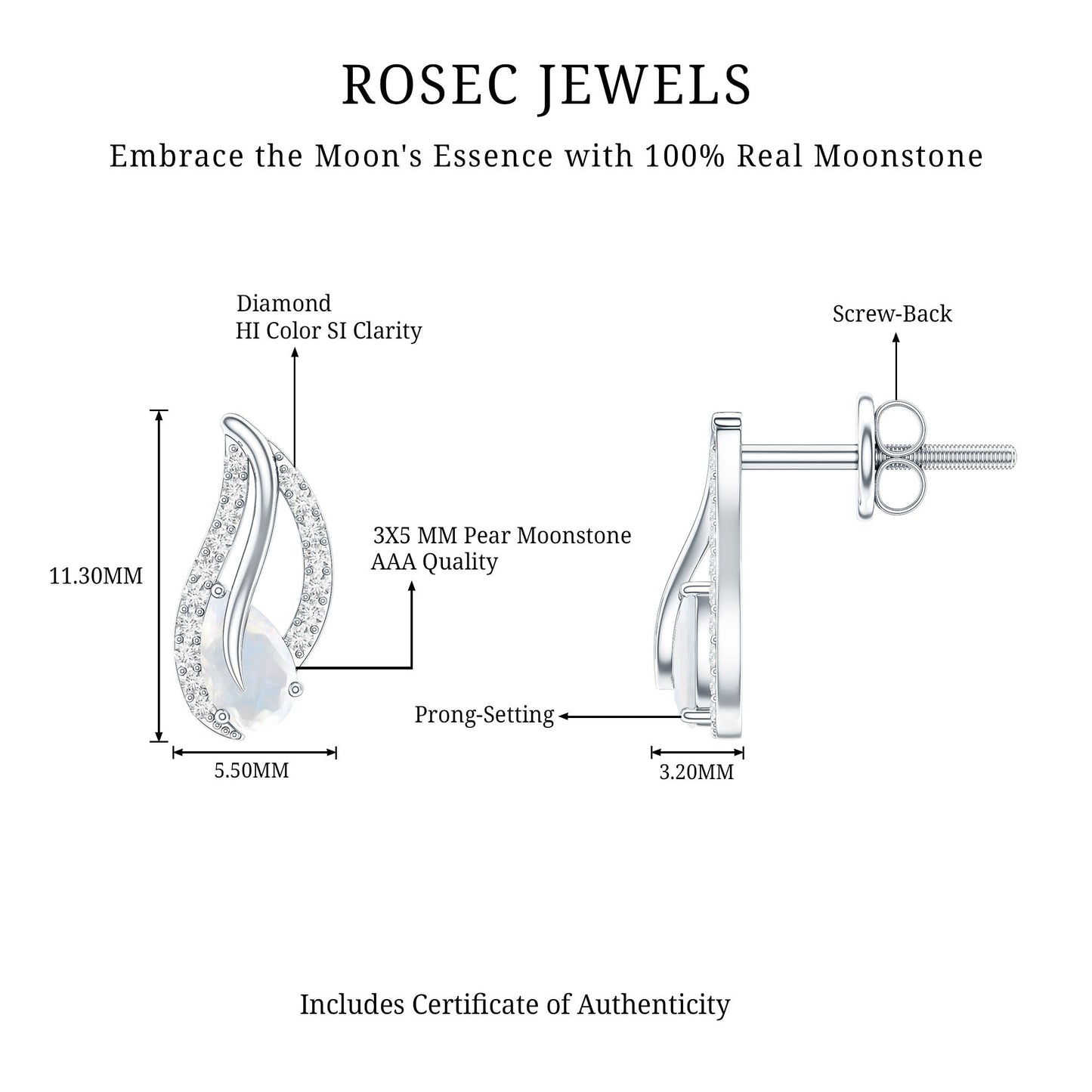 Natural Moonstone Leaf Stud Earrings with Diamond