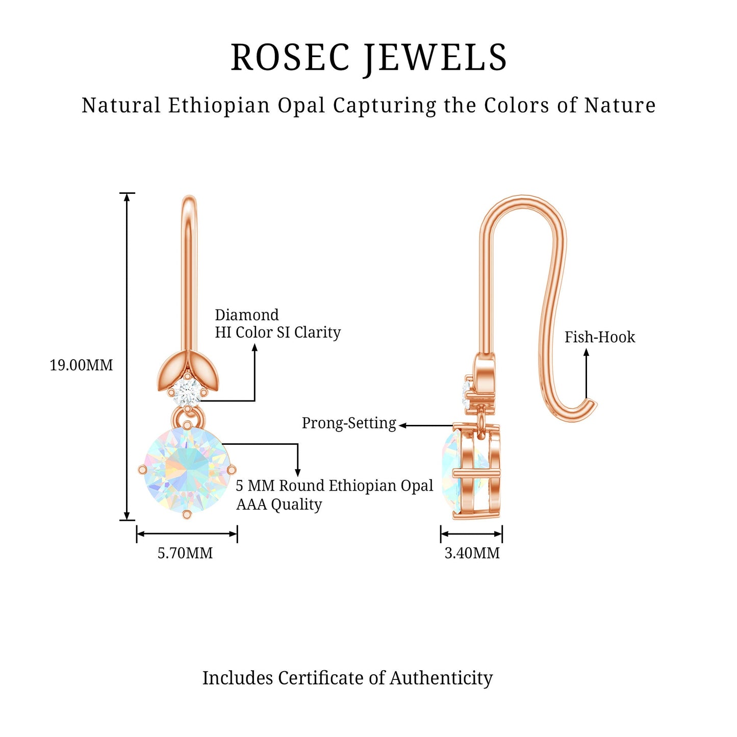 Round Ethiopian Opal and Diamond Drop Earrings with Fish Hook