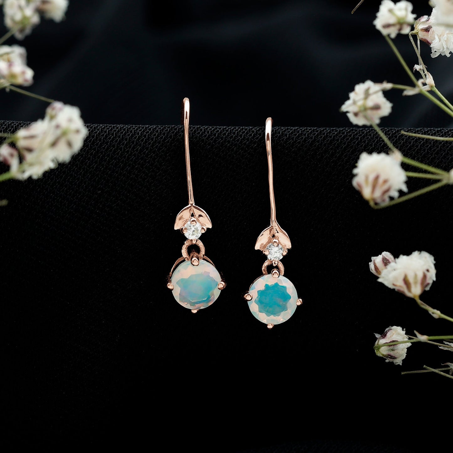 Round Ethiopian Opal and Diamond Drop Earrings with Fish Hook