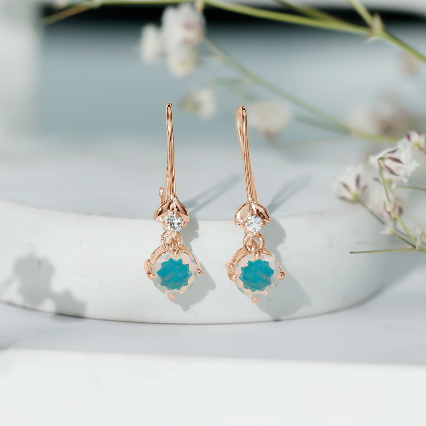 Round Ethiopian Opal and Diamond Drop Earrings with Fish Hook