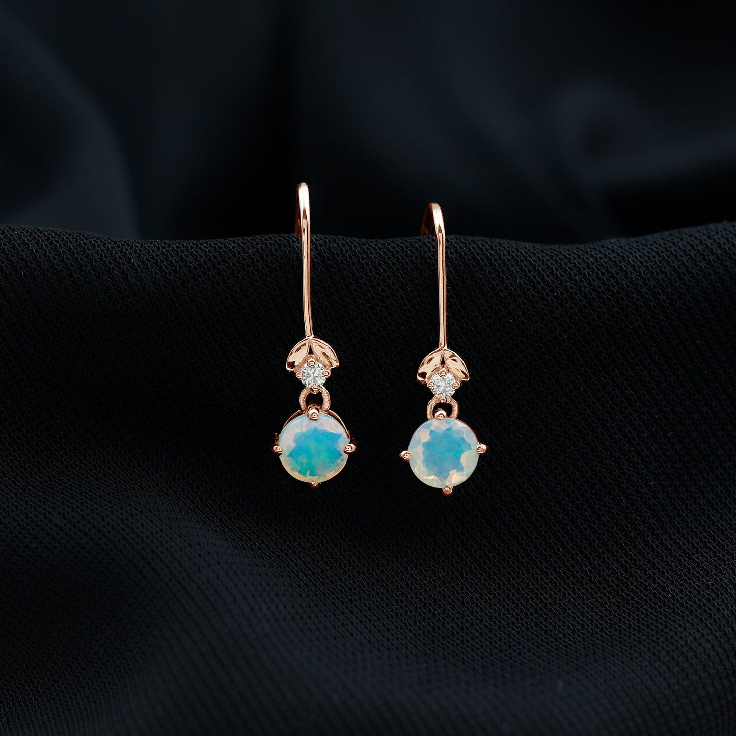 Round Ethiopian Opal and Diamond Drop Earrings with Fish Hook