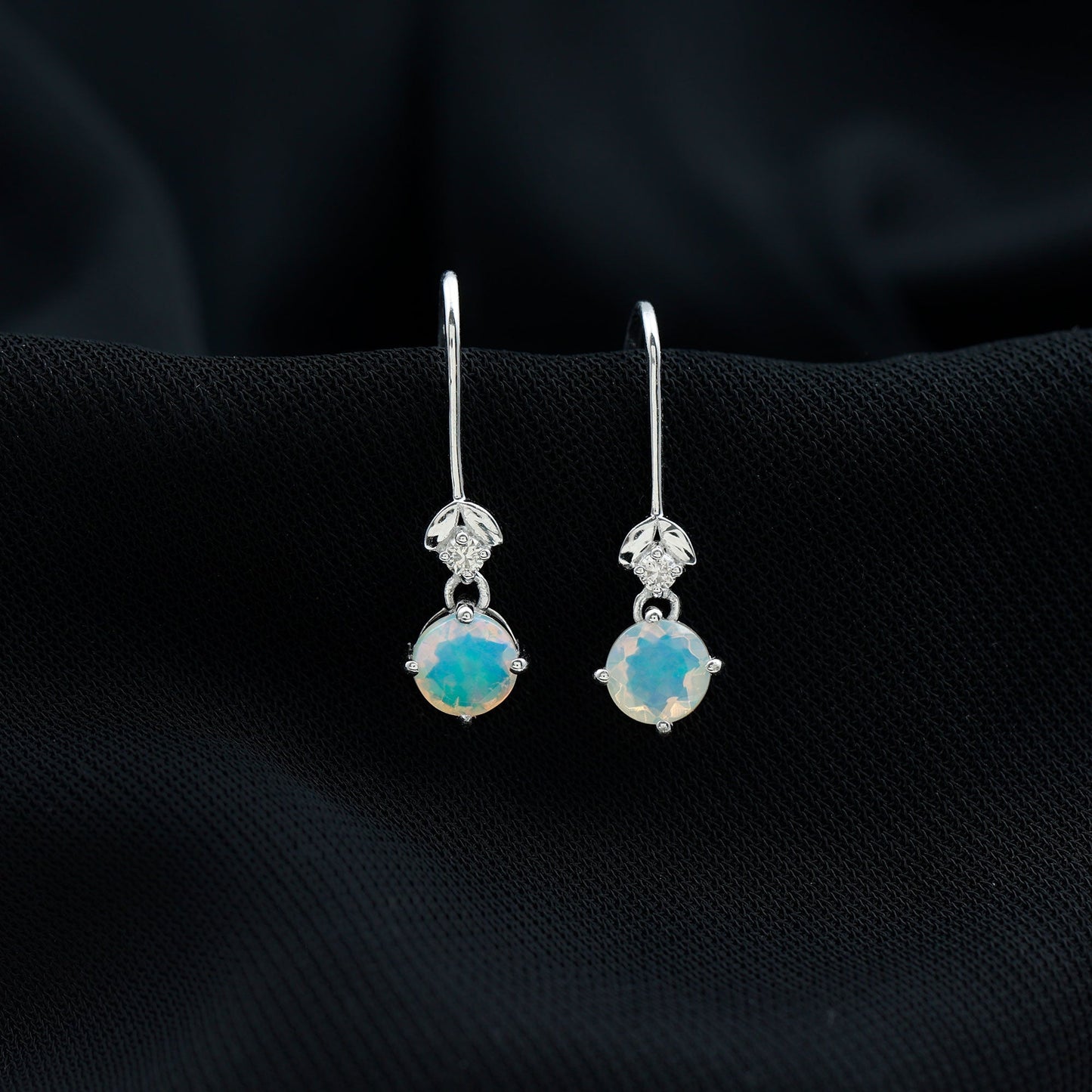 Round Ethiopian Opal and Diamond Drop Earrings with Fish Hook