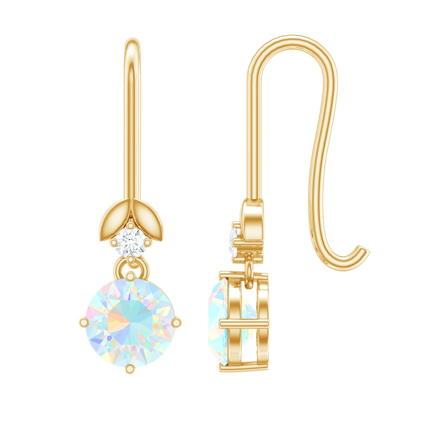 Round Ethiopian Opal and Diamond Drop Earrings with Fish Hook