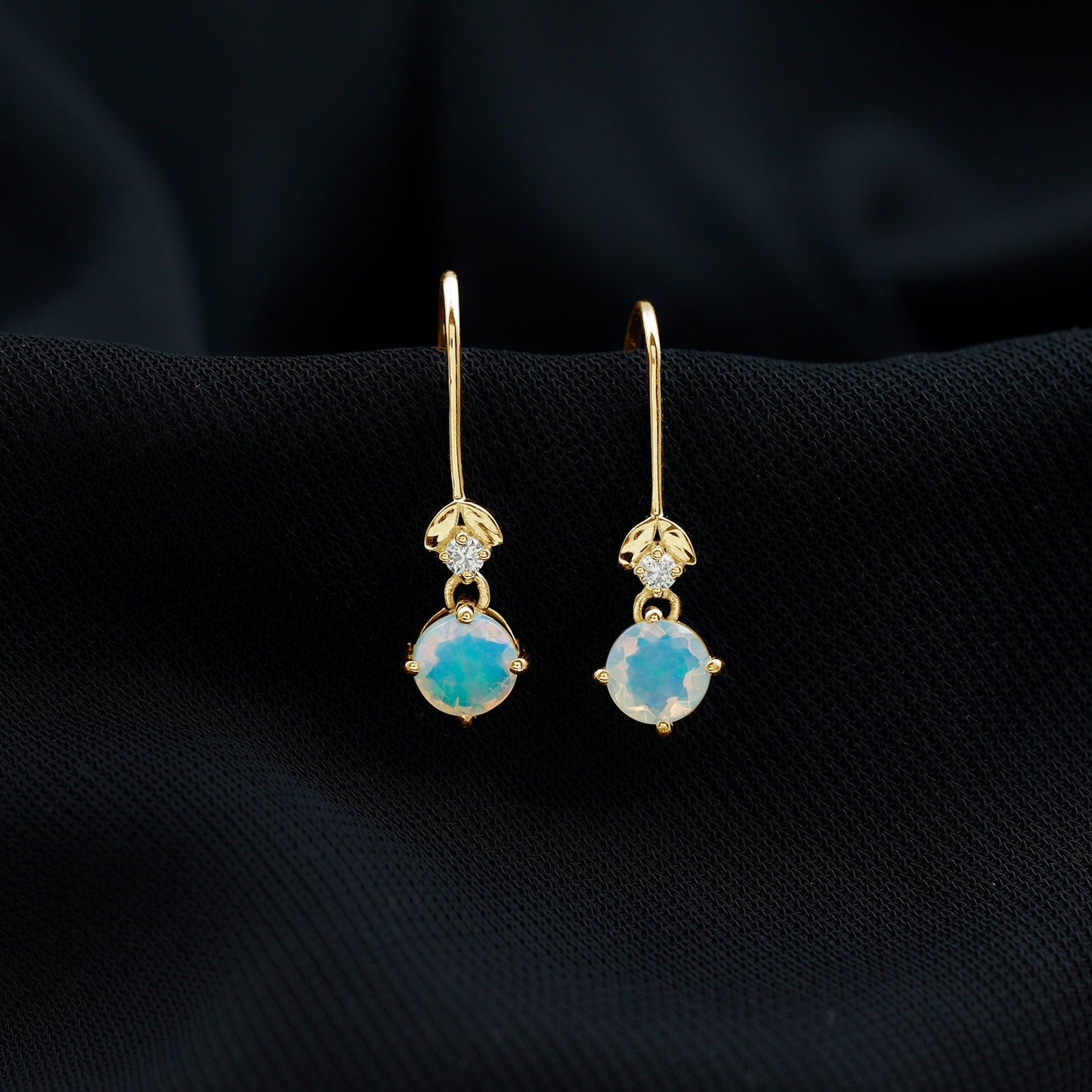 Round Ethiopian Opal and Diamond Drop Earrings with Fish Hook