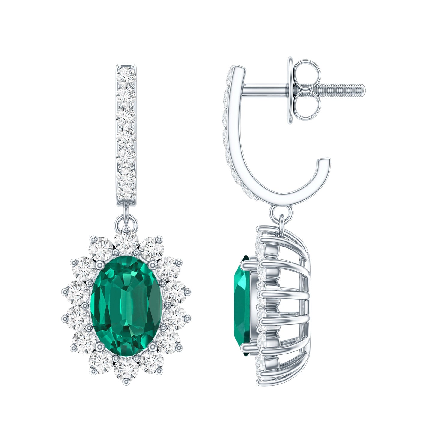1.7 Carat Oval Shape Lab Grown Emerald Drop Earrings with Diamond