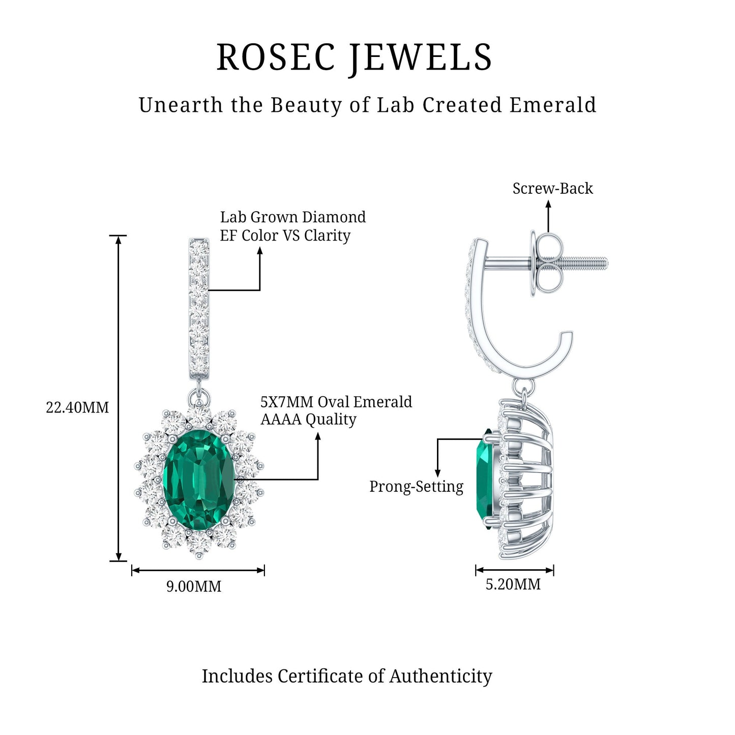 1.7 Carat Oval Shape Lab Grown Emerald Drop Earrings with Diamond