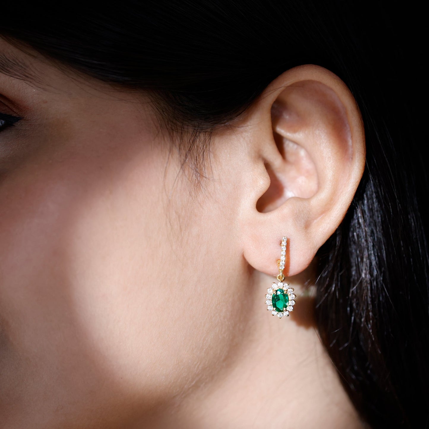 1.7 Carat Oval Shape Lab Grown Emerald Drop Earrings with Diamond