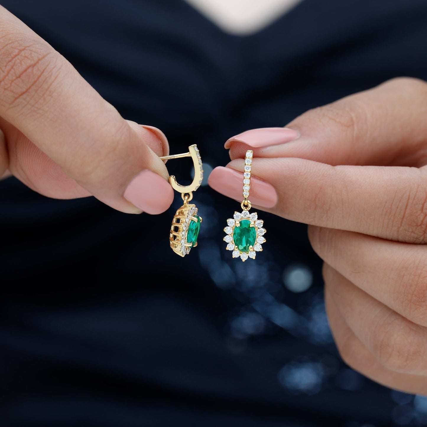 1.7 Carat Oval Shape Lab Grown Emerald Drop Earrings with Diamond