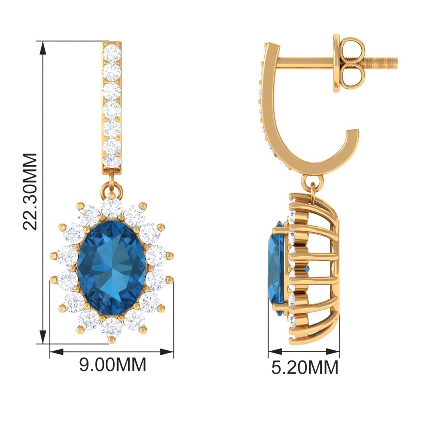 Natural 2.2 Carat London Blue Topaz Drop Earrings with Diamond Halo