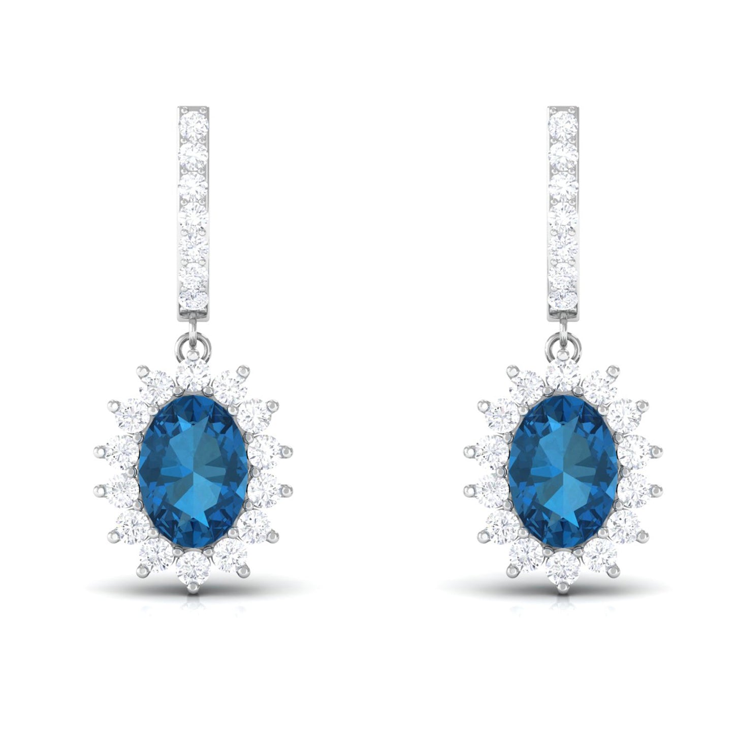 Natural 2.2 Carat London Blue Topaz Drop Earrings with Diamond Halo