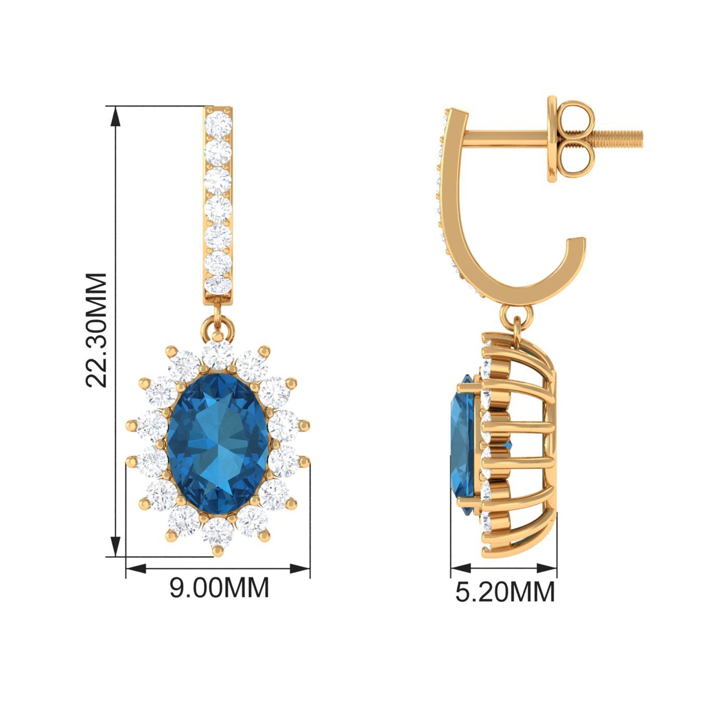 Natural 2.2 Carat London Blue Topaz Drop Earrings with Diamond Halo