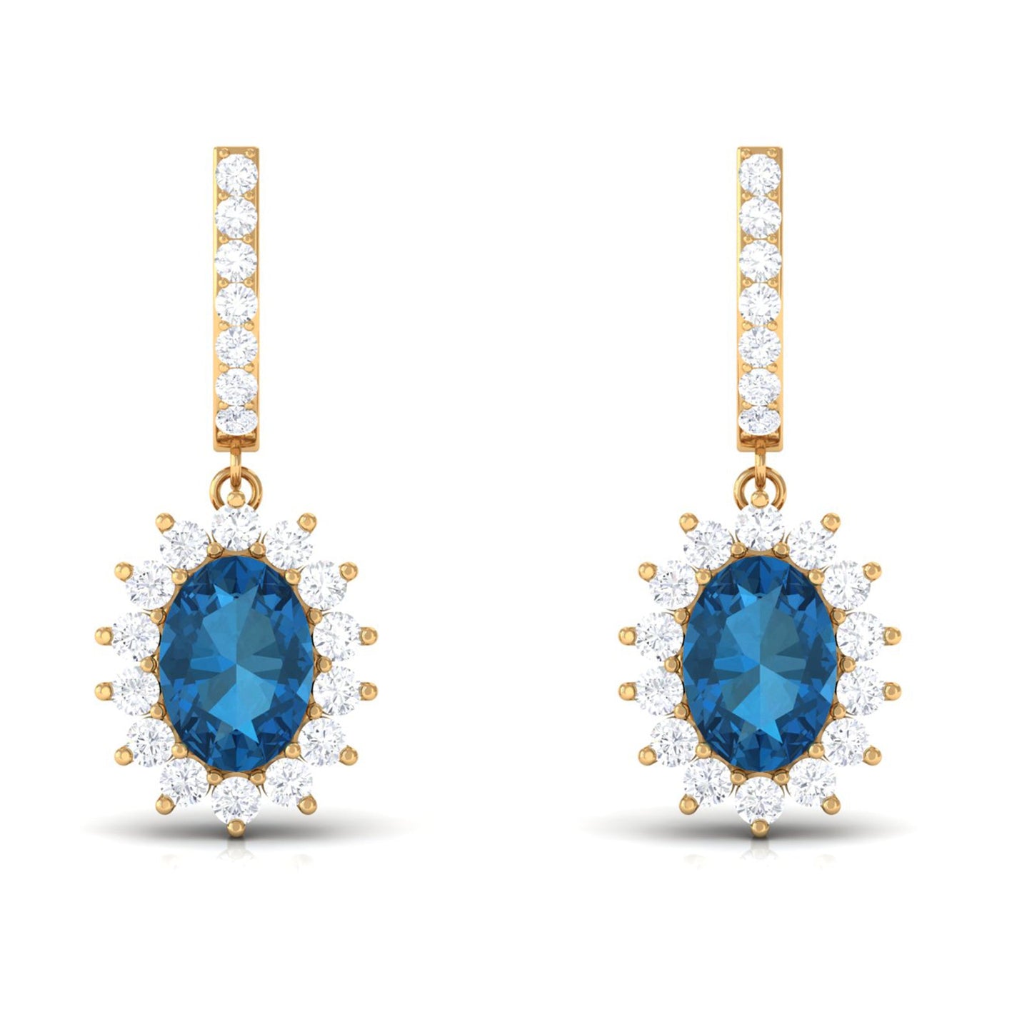 Natural 2.2 Carat London Blue Topaz Drop Earrings with Diamond Halo