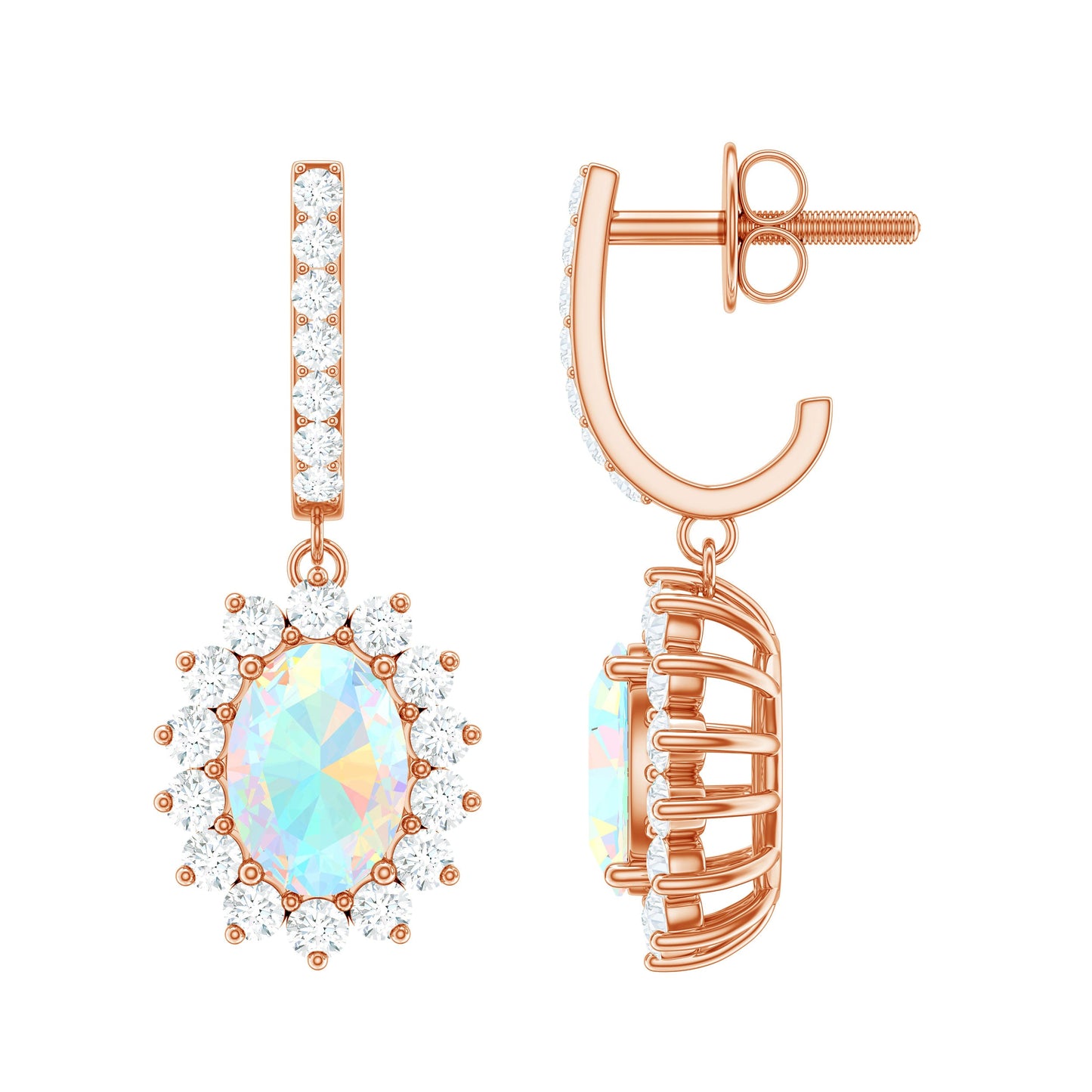 Genuine Ethiopian Opal and Moissanite Hoop Drop Earrings