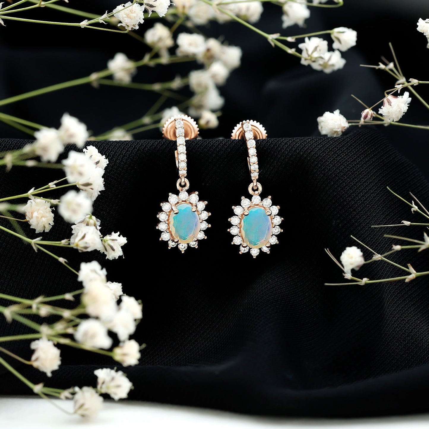 Genuine Ethiopian Opal and Moissanite Hoop Drop Earrings