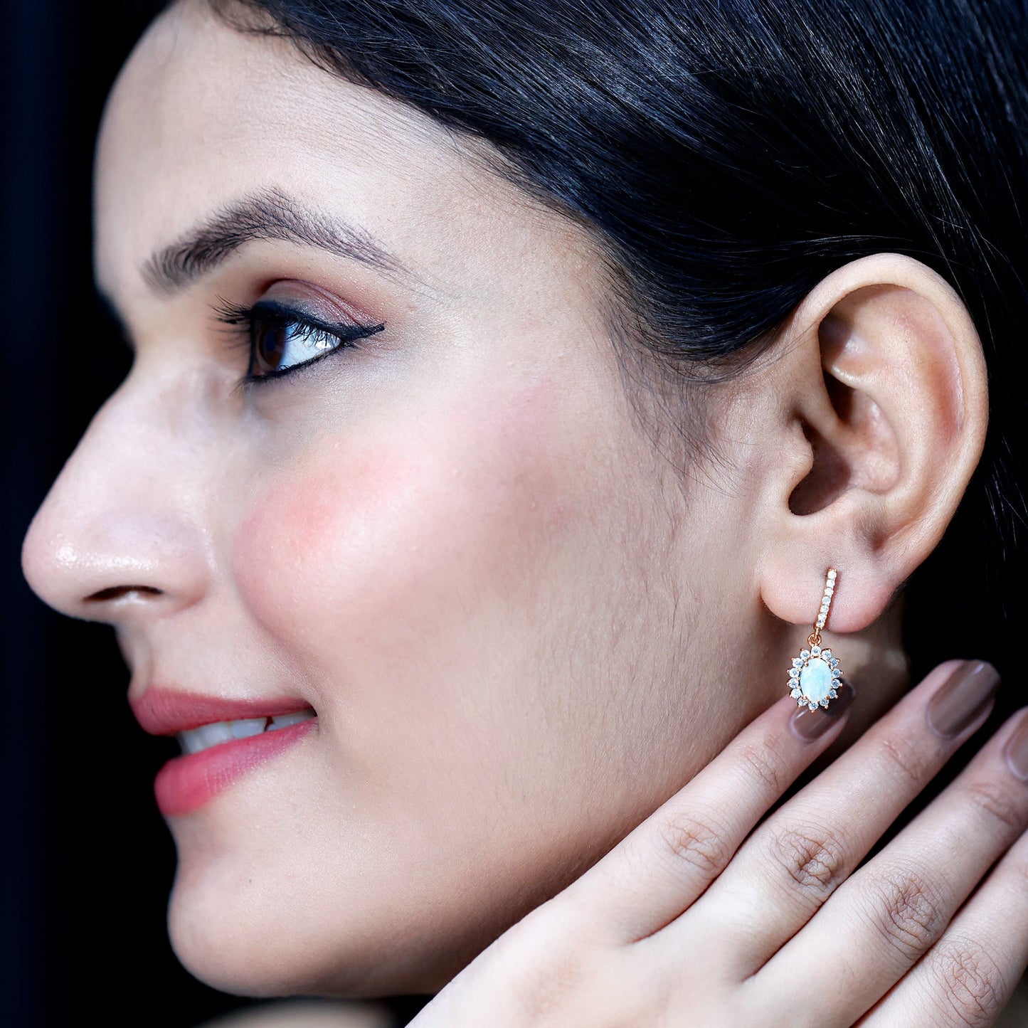 Genuine Ethiopian Opal and Moissanite Hoop Drop Earrings