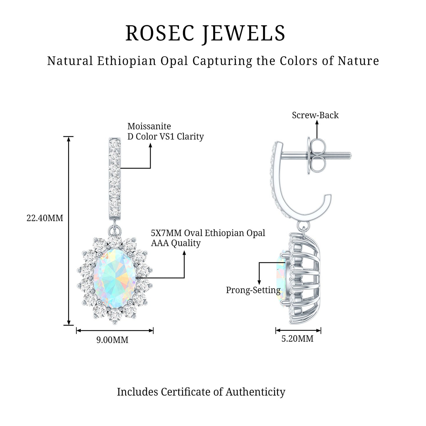 Genuine Ethiopian Opal and Moissanite Hoop Drop Earrings