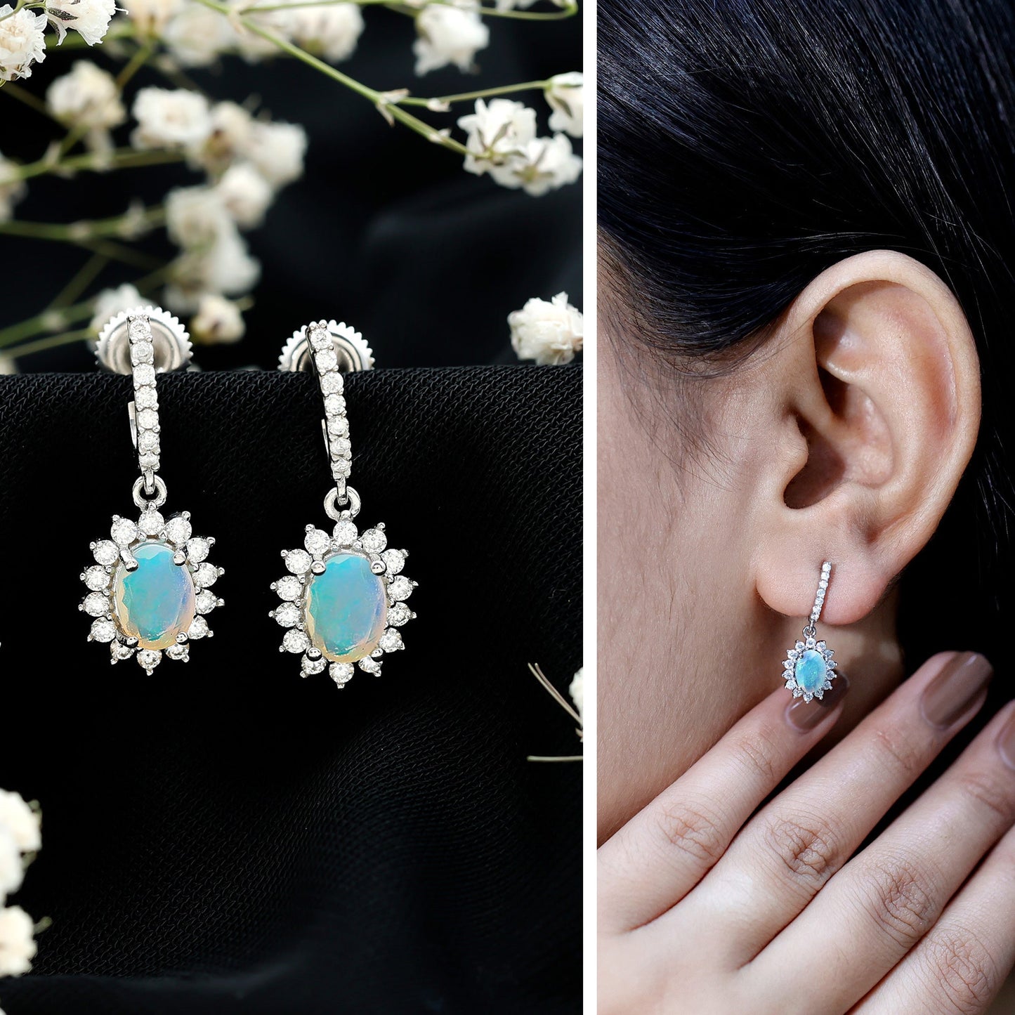 Genuine Ethiopian Opal and Moissanite Hoop Drop Earrings