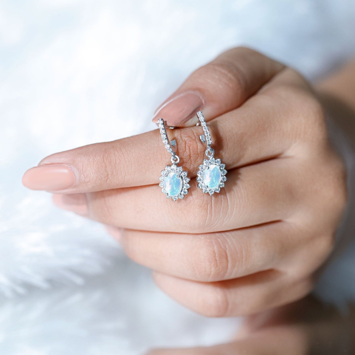 Genuine Ethiopian Opal and Moissanite Hoop Drop Earrings
