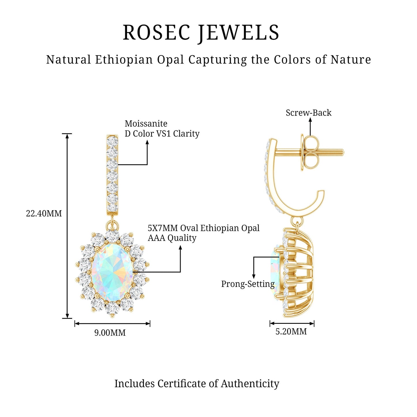 Genuine Ethiopian Opal and Moissanite Hoop Drop Earrings