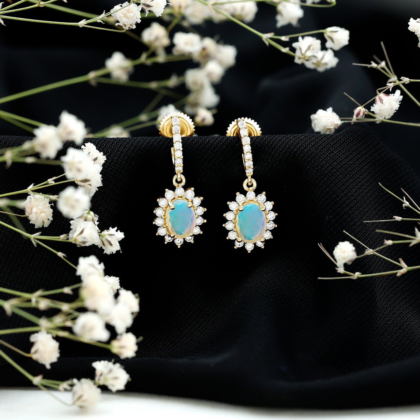 Genuine Ethiopian Opal and Moissanite Hoop Drop Earrings