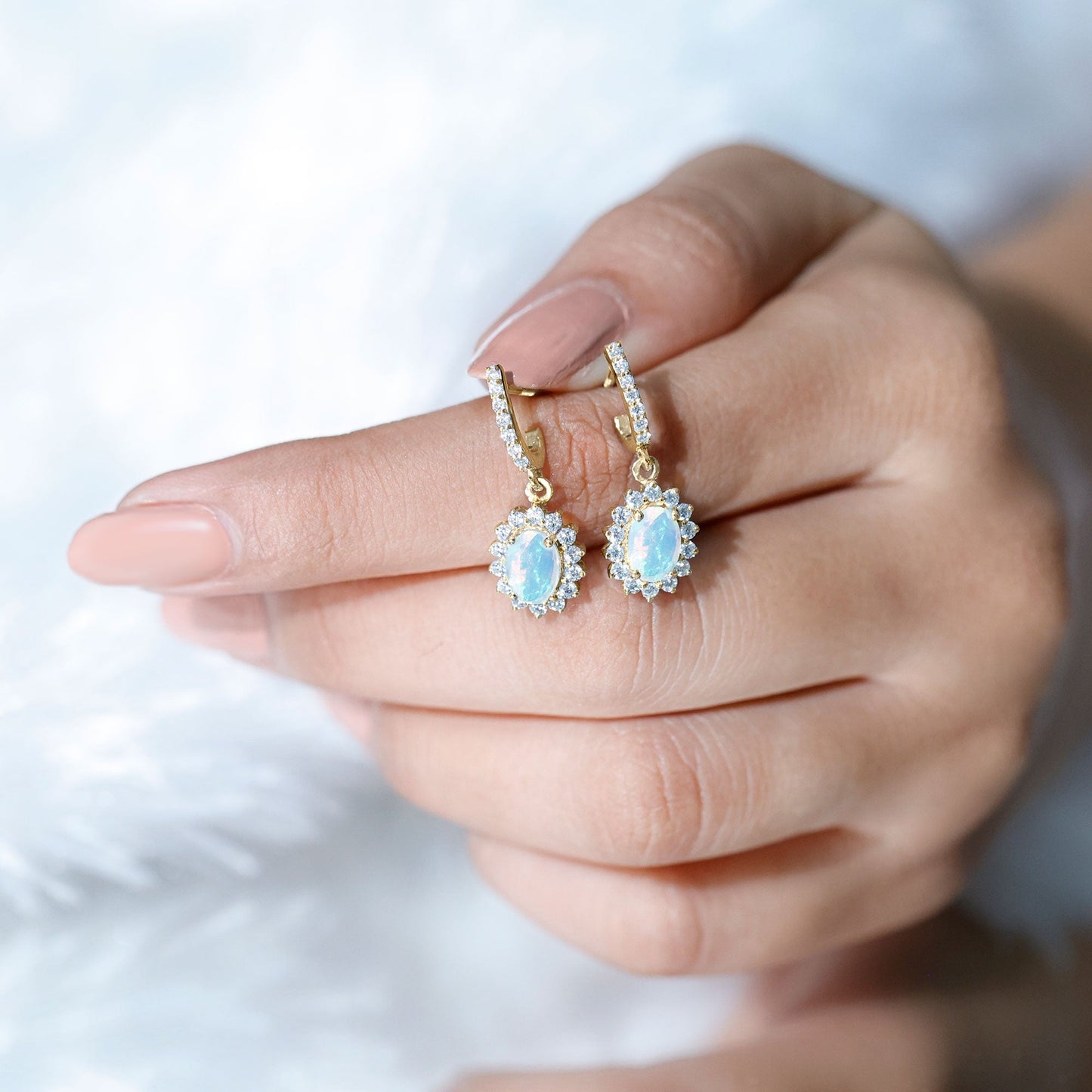 Genuine Ethiopian Opal and Moissanite Hoop Drop Earrings